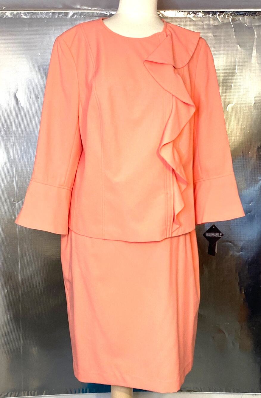 Emily 2PC Coral Polyester Skirt Suit Ruffles 16W